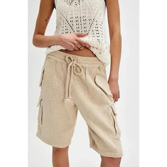 Free People Sea La Vie Cargo Shorts Mid Rise Pull-on Beach Beige Sz S #765 - Picture 10 of 13